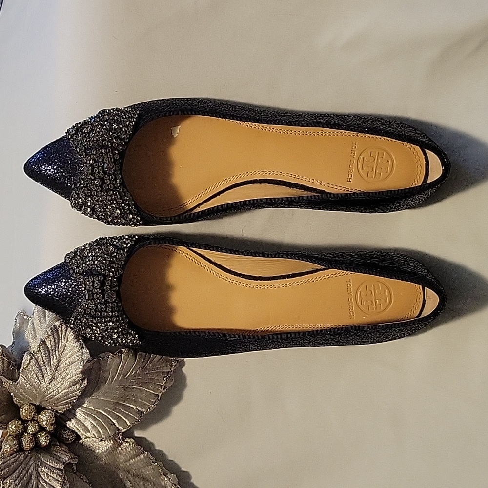 Tory Burch Metallic Rhinestone,  Pointy Toe, Black Metallic Flats, Size 9.5